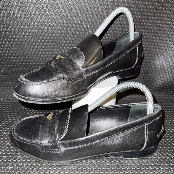Tory Burch Pennie Low Heel Penny Loafer Black Saffiano Leather Gold Logo Sz 7.5 - Picture 1 of 8